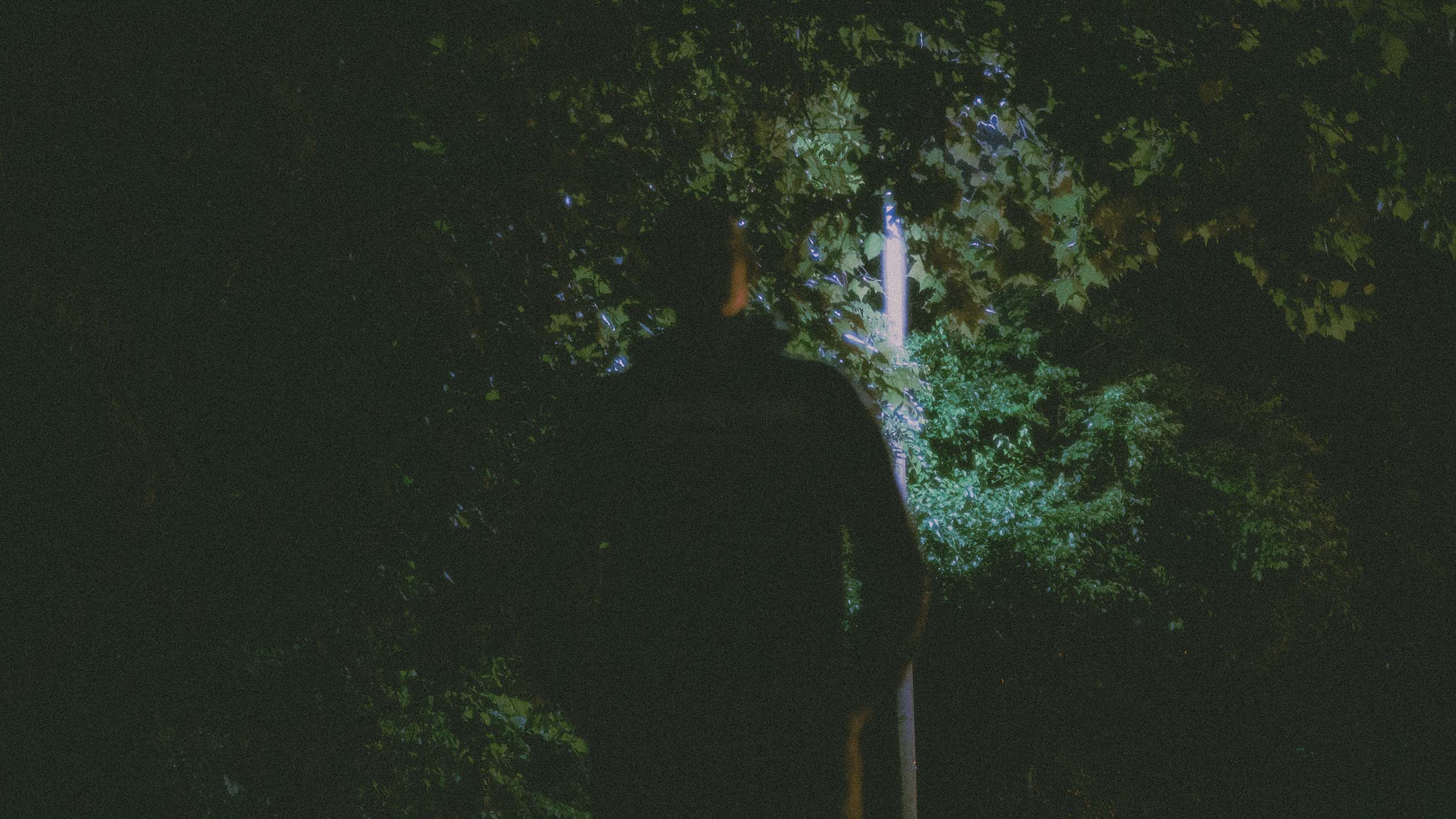 Nighttime silhoeutte of Cody Piper in front of some trees